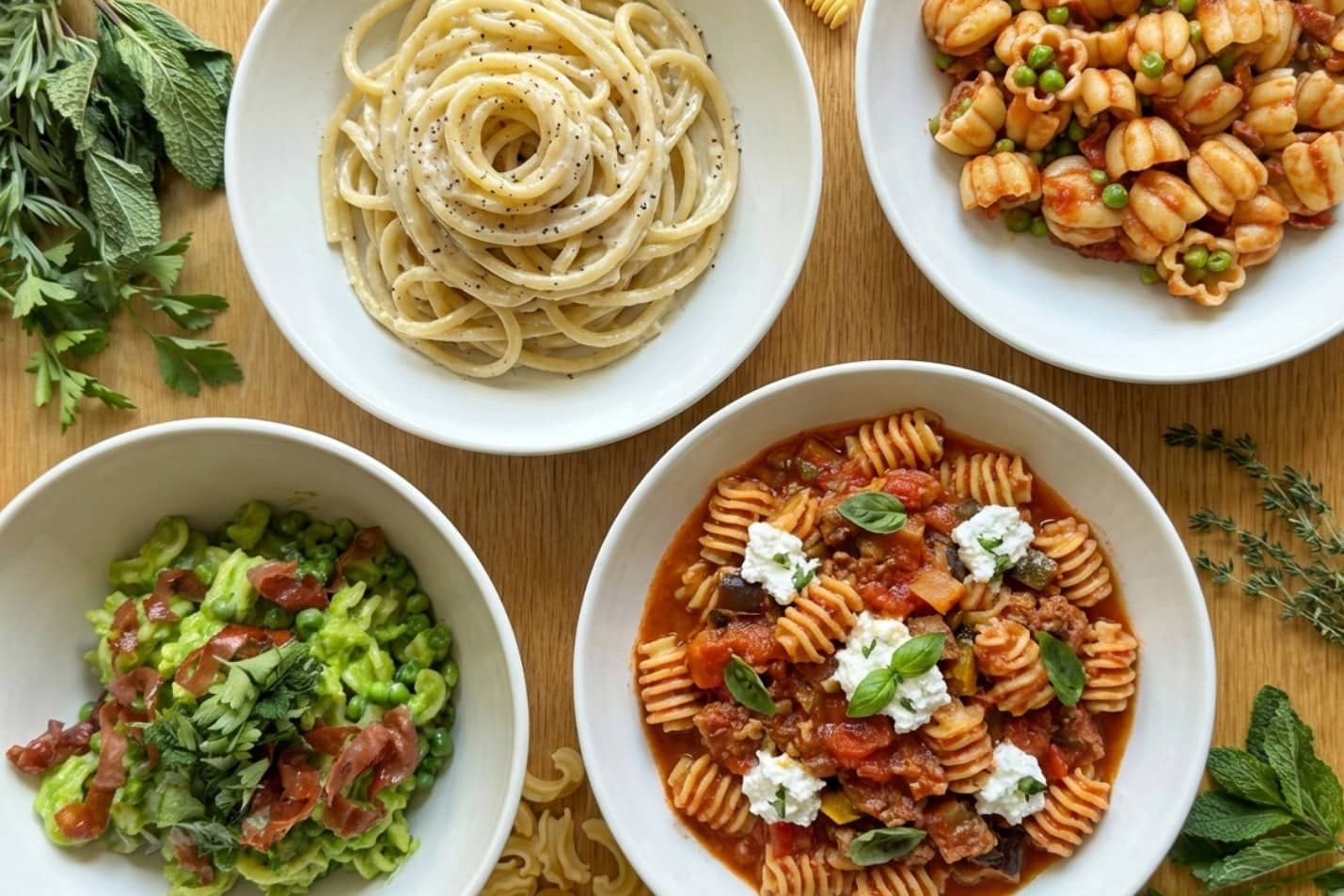 Assorted pasta dishes with herbs on a wooden surface