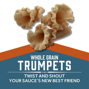 Whole Grain Trumpets pasta pieces with text Whole Grain Trumpets - TWIST AND SHOUT YOUR SAUCE’S NEW BEST FRIEND