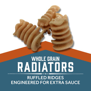 Whole Grain Radiators pasta pieces with text Whole Grain Radiators - RUFFLED RIDGES ENGINEERED FOR EXTRA SAUCE 