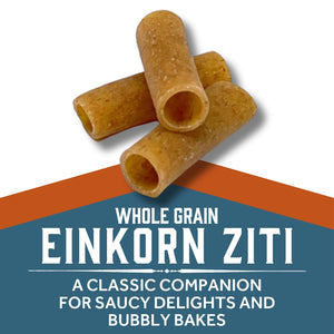 Einkorn Ziti pasta pieces with text  Whole Grain Einkorn Ziti - A CLASSIC COMPANION FOR SAUCY DELIGHTS AND BUBBLY BAKES