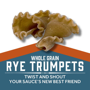 Rye Trumpets pasta pieces with text Whole Grain Rye Trumpets - TWIST AND SHOUT YOUR SAUCE’S NEW BEST FRIEND