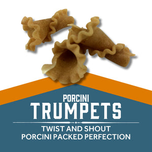 Porcini Trumpets pasta pieces with text Porcini Trumpets - TWIST AND SHOUT PORCINI PACKED PERFECTION