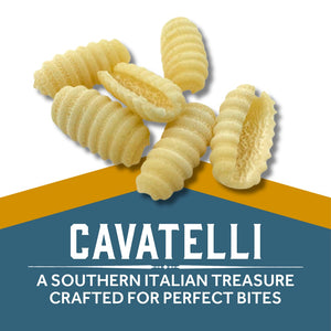 Cavatelli pasta pieces with text Cavatelli - A SOUTHERN ITALIAN TREASURE CRAFTED FOR PERFECT BITES