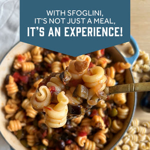 Prepared Sfoglini Vesuvio by Sporkful pasta with vegetables on a spoon with pot of pasta in the background. With text  - WITH SFOGLINI, IT'S NOT JUST A MEAL, IT'S AN EXPERIENCE!