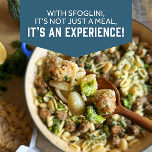 Prepared  Sfoglini Cavatelli pasta with broccoli and meatballs on a spoon. With text  - WITH SFOGLINI, IT'S NOT JUST A MEAL, IT'S AN EXPERIENCE!