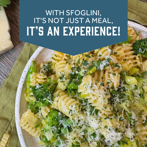 Prepared Sfoglini Radiators  pasta  with green vegetables and cheese on a dish. With text  - WITH SFOGLINI, IT'S NOT JUST A MEAL, IT'S AN EXPERIENCE!