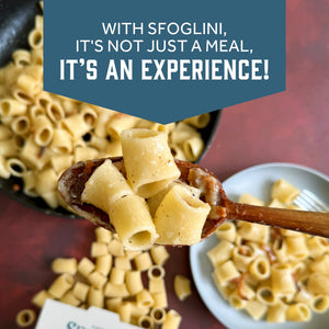 Prepared Sfoglini Rigatoni  pasta on a spoon. With text  - WITH SFOGLINI, IT'S NOT JUST A MEAL, IT'S AN EXPERIENCE!