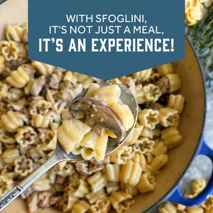 Prepared Sfoglini Zucca pasta with mushrooms in a pot. With text  - WITH SFOGLINI, IT'S NOT JUST A MEAL, IT'S AN EXPERIENCE!