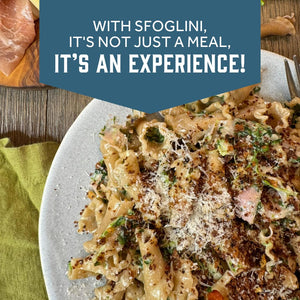 Prepared Sfoglini Rye Trumpets  pasta with breadcrumbs on a dish. With text  - WITH SFOGLINI, IT'S NOT JUST A MEAL, IT'S AN EXPERIENCE!
