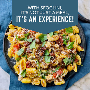 Prepared Sfoglini Saffron Malloreddus with crab and basil pasta on a dish. With text  - WITH SFOGLINI, IT'S NOT JUST A MEAL, IT'S AN EXPERIENCE!