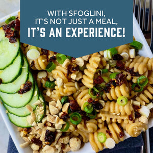 Prepared Sfoglini Whole Grain Radiators pasta with peanut sauce and cucumbers on a dish. With text  - WITH SFOGLINI, IT'S NOT JUST A MEAL, IT'S AN EXPERIENCE!