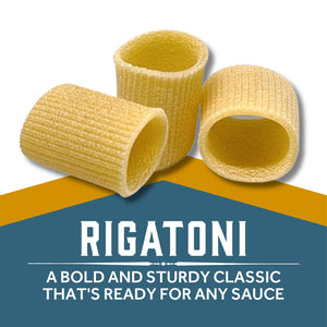 Rigatoni pasta pieces with text Rigatoni - A BOLD AND STURDY CLASSIC THAT'S READY FOR ANY SAUCE