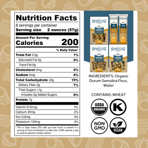 Sfoglini Trumpets, Bigoli, Bucatini, Radiators, and Rigatoni pasta boxes with Nutrition Facts, ingredients, and allergen information. With Organic, Non-gmo. vegan, and kosher icons. 