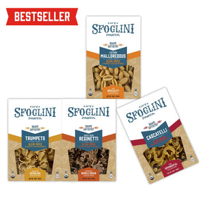 The Best of Sfoglini Pasta Sampler Set with Trumpets, Cascatelli, Whole Grain Reginetti, Saffron Malloreddus pasta boxes. Additional text of  "BESTSELLER"