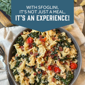 Prepared Trumpets with vegetables pasta on a dish with text  - WITH SFOGLINI, IT'S NOT JUST A MEAL, IT'S AN EXPERIENCE!