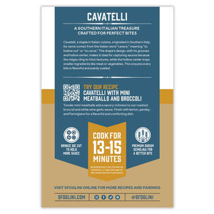 Sfoglini Semolina Cavatelli Organic Pasta packaging back of box with pasta information, cooking times, recipe suggestion, and social media icons. On white background.