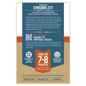 Sfoglini Einkorn Ziti Organic Pasta packaging back of box with pasta information, cooking times, recipe suggestion, and social media icons.
