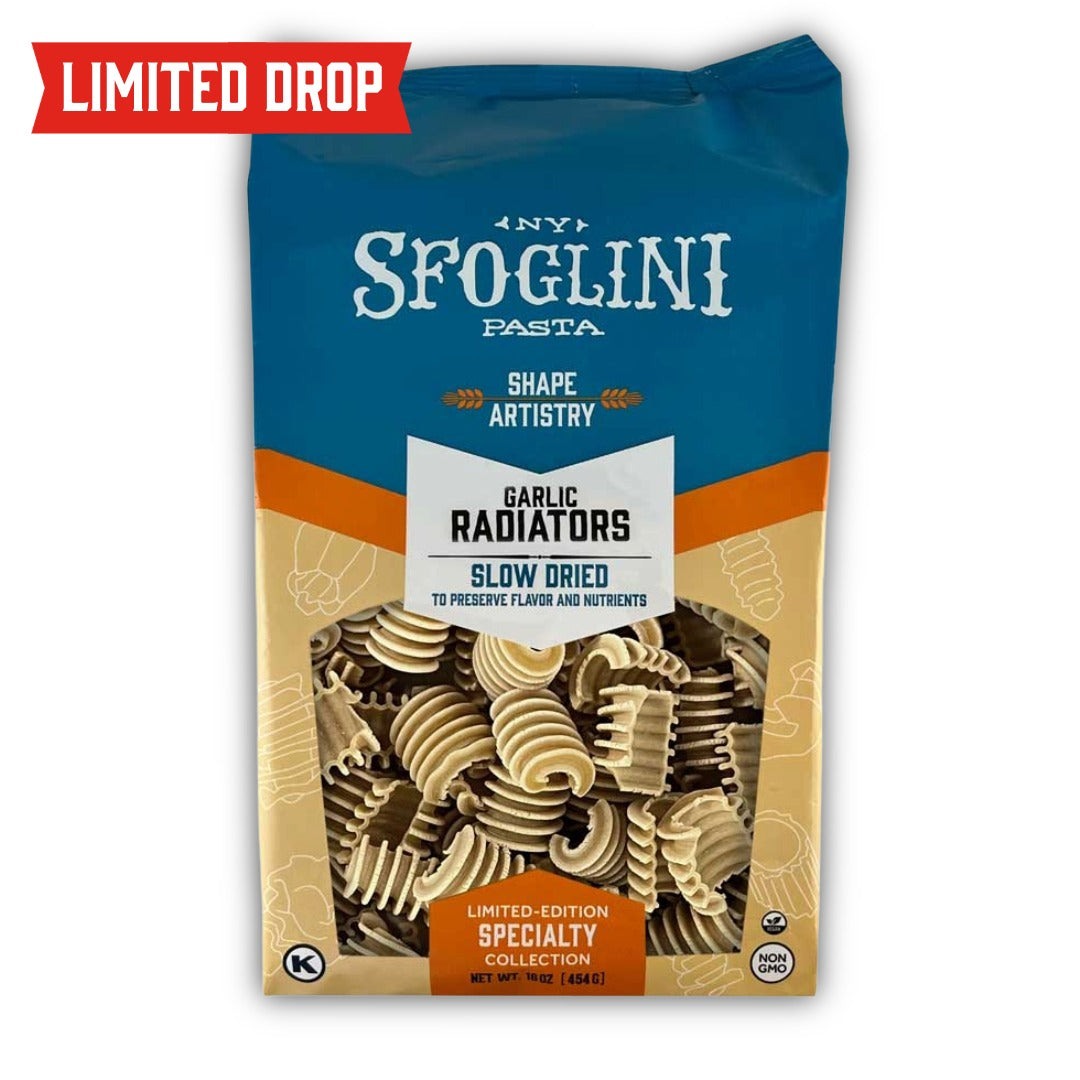 Package of Sfoglini Garlic Radiators pasta with additional text "LIMITED DROP"