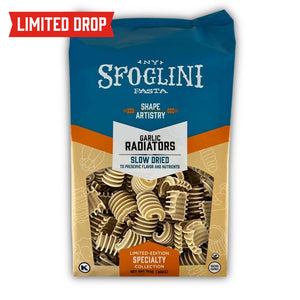 Package of Sfoglini Garlic Radiators pasta with additional text "LIMITED DROP"