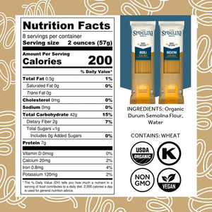 Sfoglini Organic Durum Semolina Wheat Pasta - Bigoli & Bucatini pasta bag with Nutrition Facts, ingredients, and allergen information. With Organic, Non-gmo. vegan, and kosher icons. 