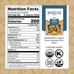 Sfoglini Organic Durum Semolina Wheat Pasta - Rigatoni pasta box with Nutrition Facts, ingredients, and allergen information. With Organic, Non-gmo. vegan, and kosher icons. 