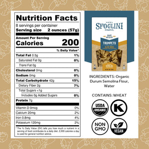 Sfoglini Organic Durum Semolina Wheat Pasta - Trumpets pasta box with Nutrition Facts, ingredients, and allergen information. With Organic, Non-gmo. vegan, and kosher icons. 