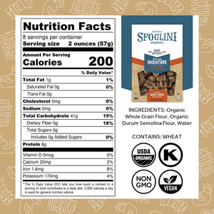 Sfoglini Organic Pasta - Whole Grain Radiators pasta box with Nutrition Facts, ingredients, and allergen information. With Organic, Non-gmo. vegan, and kosher icons. 