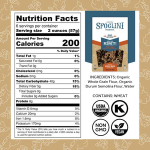Sfoglini Organic Pasta - Whole Grain Reginetti pasta box with Nutrition Facts, ingredients, and allergen information. With Organic, Non-gmo. vegan, and kosher icons. 