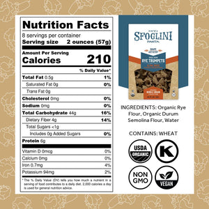 Sfoglini Organic  Whole Grain Pasta - Rye Trumpets pasta box with Nutrition Facts, ingredients, and allergen information. With Organic, Non-gmo. vegan, and kosher icons. 