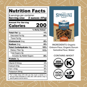 Sfoglini Organic Whole Grain Pasta - Einkorn Ziti pasta box with Nutrition Facts, ingredients, and allergen information. With Organic, Non-gmo. vegan, and kosher icons. 