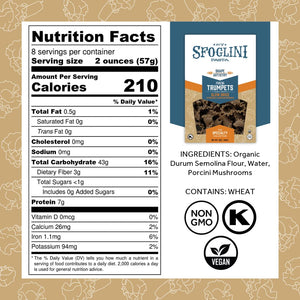 Sfoglini  Durum Semolina Wheat Specialty Pasta - Porcini Trumpets pasta box with Nutrition Facts, ingredients, and allergen information. With Organic, Non-gmo. vegan, and kosher icons. 