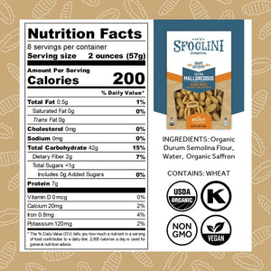 Sfoglini  Durum Semolina Wheat Specialty Pasta - Saffron Malloreddus pasta box with Nutrition Facts, ingredients, and allergen information. With Organic, Non-gmo. vegan, and kosher icons. 