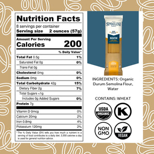 Sfoglini Organic Durum Semolina Wheat Pasta - Bucatini pasta bag with Nutrition Facts, ingredients, and allergen information. With Organic, Non-gmo. vegan, and kosher icons. 