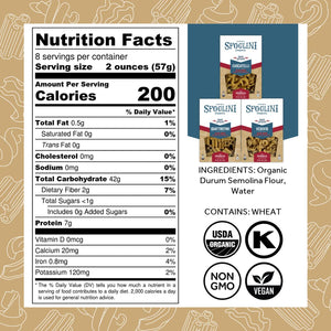 Sfoglini Organic Sporkful pasta boxes - Cascatelli, Quattrotini, and Vesuvio pasta boxes with Nutrition Facts, ingredients, and allergen information. With Organic, Non-gmo, vegan, and kosher icons. 