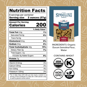 Sfoglini Organic Durum Semolina Wheat Pasta - The Sporkful Vesuvio pasta box with Nutrition Facts, ingredients, and allergen information. With Organic, Non-gmo. vegan, and kosher icons. 