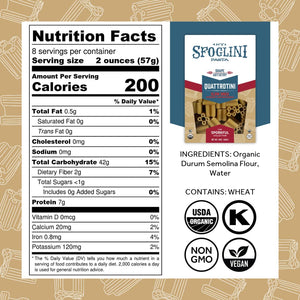 Sfoglini Organic Durum Semolina Wheat Pasta - The Sporkful Quattrotini pasta box with Nutrition Facts, ingredients, and allergen information. With Organic, Non-gmo. vegan, and kosher icons. 