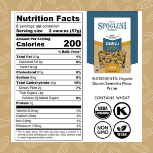 Sfoglini Organic Durum Semolina Wheat Pasta - Cavatelli pasta box with Nutrition Facts, ingredients, and allergen information. With Organic, Non-gmo. vegan, and kosher icons. 