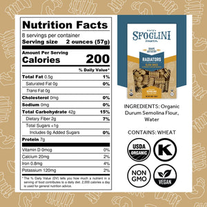Sfoglini Organic Durum Semolina Wheat Pasta - Radiators pasta box with Nutrition Facts, ingredients, and allergen information. With Organic, Non-gmo. vegan, and kosher icons. 