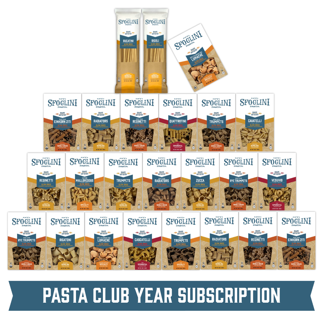 The Sfoglini Pasta Club Year Subscription Set with Semolina, Whole Grain, and Specialty Flavored Pasta boxes. 