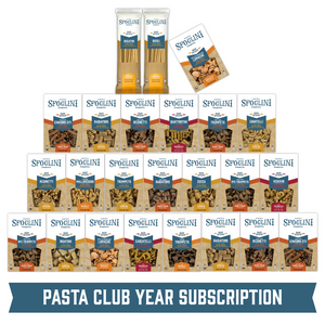 The Sfoglini Pasta Club Year Subscription Set with Semolina, Whole Grain, and Specialty Flavored Pasta boxes. 