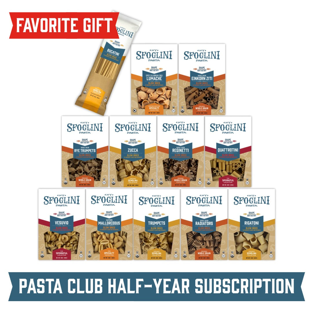 The Sfoglini Pasta Club Half-Year Subscription with Semolina, Whole Grain, and Specialty Flavored pasta boxes. Additional text "FAVORITE GIFT"