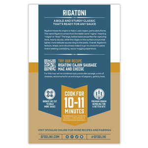 Sfoglini Semolina Rigatoni Organic Pasta packaging back of box with pasta information, cooking times, recipe suggestion, and social media icons. On white background.