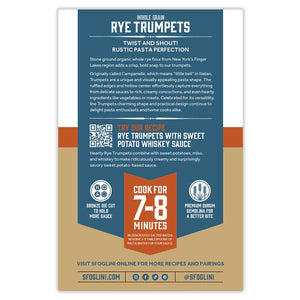 Sfoglini Rye Trumpets Organic Pasta packaging back of box with pasta information, cooking times, recipe suggestion, and social media icons. On white background.