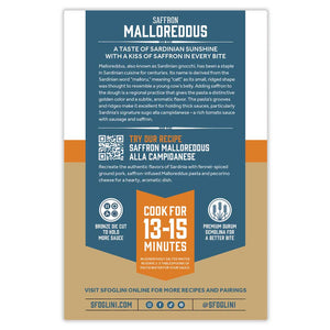 Sfoglini Saffron Malloreddus Organic Pasta packaging back of box with pasta information, cooking times, recipe suggestion, and social media icons. On white background.