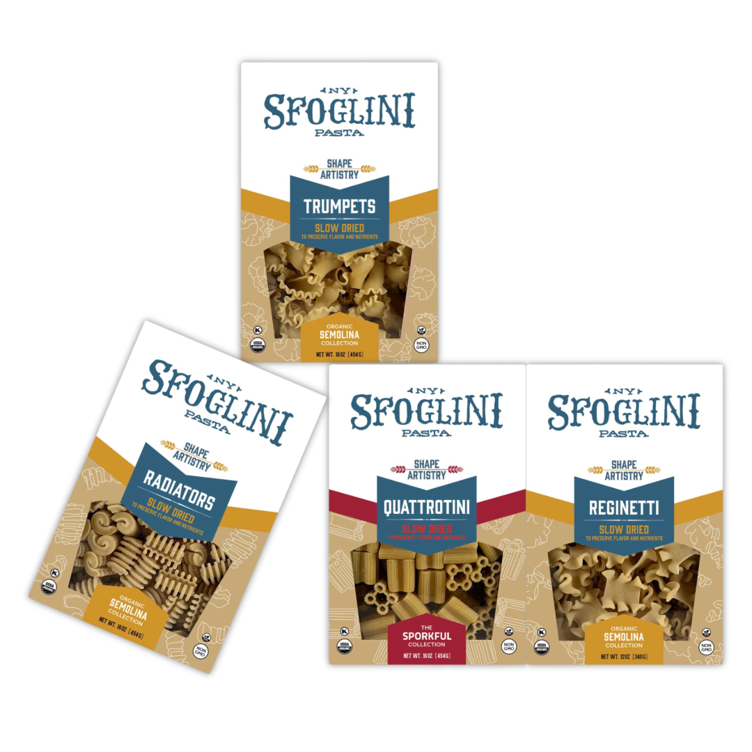 Sfoglini Semolina Specialty Pasta Sampler  Set with Organic Drurum Semolina Trumpets, Quattrotini Sporkful, Reginetti, Radiators pasta boxes.