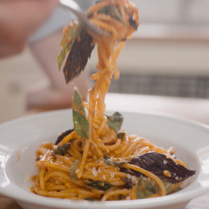Six Seasons of Pasta Cookbook & Pasta Set - Pasta with basil leaves on a white plate, being lifted with a fork.