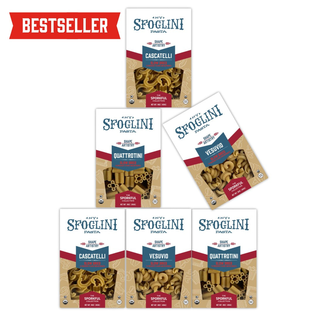 The Sporkful Collection with Cascatelli, Quattrotini, and Vesuvio pasta boxes. With additional text  "BESTSELLER"