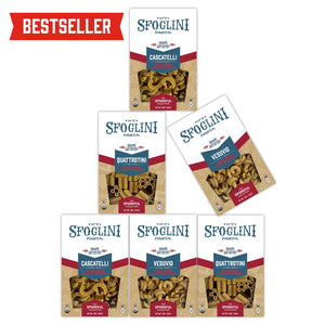 The Sporkful Collection Set with Cascatelli, Quattrotini, and Vesuvio pasta boxes. With additional text  "BESTSELLER"