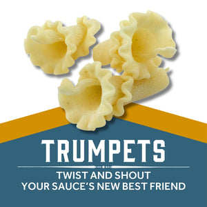 Trumpet pasta pieces with text "Trumpets - TWIST AND SHOUT
YOUR SAUCE’S NEW BEST FRIEND"