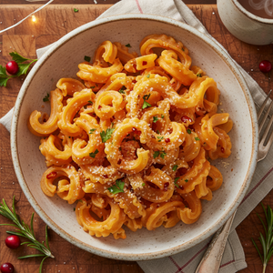 Prepared Calabrian Chili Cascatelli in pasta dish with sauce and cheese
